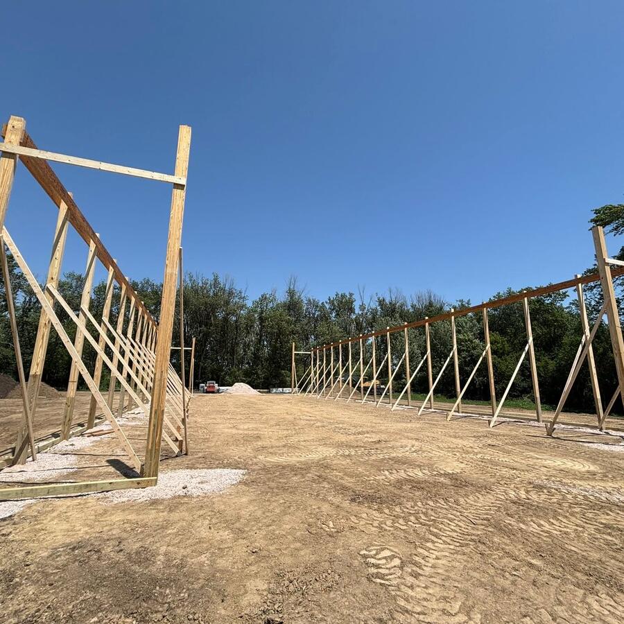 Pole shed wall framing braced and going up